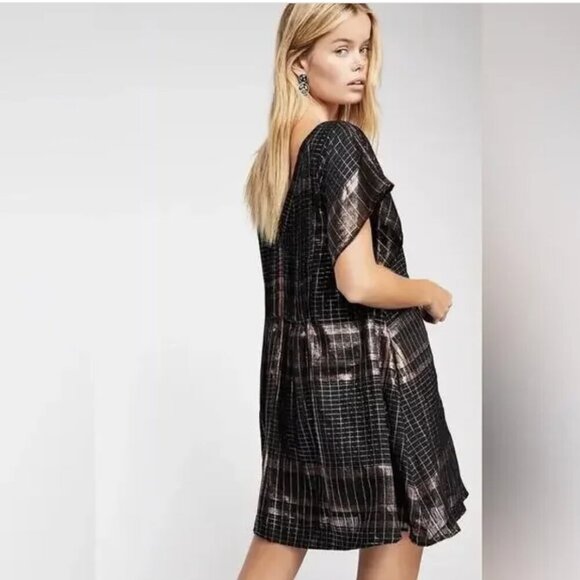 Free People Barcelona Shimmer Plaid Metallic Mini Dress in Black Pockets SP - Picture 13 of 15